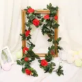Artificial rose vine for home decor, realistic red flowers and green leaves, wedding backdrop. - Tea Rose Red