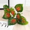 Artificial plant leaves bundle, home decor green foliage, nine forks fake leafy decor - Red Vein Leaf