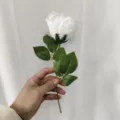 Gros plan détaillé d'une rose artificielle blanche avec des feuilles vertes pour la déco. - Blanc