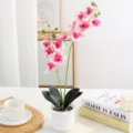 Vue détaillée d'orchidée phalaenopsis artificielle en pot blanc avec fleurs roses pour déco. - Blanc et Rose