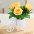 Artificial yellow rose flower in white bicycle planter, cute desktop home decor pot variant. - Yellow Rose