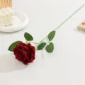 Single artificial velvet rose flower with long stem realistic floral decor for romantic table setup - Burgundy