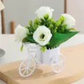 Artificial flower potted plant with white rose in bicycle vase for home indoor decor. - White Rose