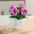Artificial rose flowers in white bicycle pot, lovely home desktop decor ornament. - Magenta Rose