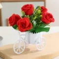 Artificial rose flower in white bicycle planter pot home indoor tabletop decorative bonsai display - Red Rose
