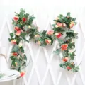 Artificial rose vine detail shot, pink silk flowers on white background for decoration. - 16 Heads Rose Champagne