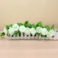 White artificial roses in wooden fence planter for home wedding decoration fake flower decor - White 19 Groups of Leaves