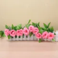 Artificial pink rose flower vine with white fence pot, perfect for home decor wedding. - Deep Pink 19 Groups of Leaves