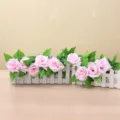 Pink artificial rose flower arrangement in white wooden fence pot for home wedding decor - Light Pink 19 Groups of Leaves