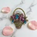Vintage rhinestone flower basket brooch detail, antique gold metal pin with pink and blue crystals. - Flower Basket Style (B-4-1) / 4.1*4.4cm / Red