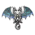 Nahaufnahme Detail der Vintage Doppeldrachen Brosche mit blauen Emailleflügeln. - Blau