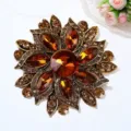 Vintage amber crystal flower brooch elegant retro rhinestone coat pin women fashion accessory - 5.2*5.2cm, 16.61g / Coffee