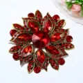 Red crystal flower brooch detail, vintage gold metal alloy pin, elegant coat accessory. - 5.2*5.2cm, 16.61g / Red