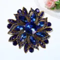 Vintage blue crystal flower brooch antique bronze fashion jewelry for women dress accessory - 5.2*5.2cm, 16.61g / Blue