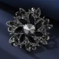 Elegant black crystal flower brooch vintage statement lapel pin for women winter coat accessories - 6.8*6.8cm, 39.6g / Silver Gray