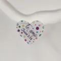 Heart shape acrylic DIY keychain pendant with colorful dots and text print, detailed view. - Style 3