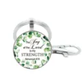 Klassieke citaat metalen sleutelhanger met glazen cabochon en groen blad hangertje. - Stijl 6