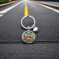 Porte-clés dôme en verre Route 66 avec breloque cœur voiture vintage cadeau hommes femmes - Style Rond Martelé (9)