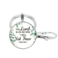 Zilverkleurige sleutelhanger met glazen cabochon, botanisch bladmotief en bijbelvers. - Stijl 10