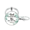 Inspirerende quote metalen sleutelhanger met glazen cabochon en eucalyptus blad ontwerp. - Stijl 13