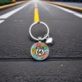 Porte-clés dôme en verre Route 66 avec charme de cœur, anneau de clé vintage en métal. - Style Rond Martelé (20)