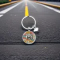 Porte-clés en verre Route 66 avec cœur, accessoire de bague en métal design rétro vintage. - Style Rond Martelé (21)