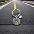 Porte-clés en métal avec dôme en verre Route 66 et pendentif cœur pour vos cadeaux. - Style Rond Martelé (22)