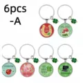 Set of 6 lucky themed metal keychains with glass cabochons and green clover pendants. - 6 Piece Clover Set / 6 Pieces/Pack