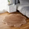 Camel fluffy flower shaped plush rug for bedroom bedside, soft imitation wool cozy floor mat. - Khaki