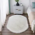 White oval faux fur rug for bedroom bedside and living room, fluffy anti-slip floor mat. - Pure White Oval