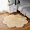 Beige faux fur flower rug, soft plush bedside mat and cozy floor carpet for bedroom. - Cozy Beige