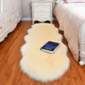 Faux sheepskin fluffy rug for bedroom bedside, soft long plush floor mat in warm beige color. - Beige