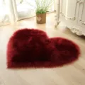 Burgundy heart shaped faux fur rug, fluffy plush carpet for bedroom and living room decor. - Burgundy
