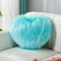 Nordic style heart-shaped fluffy throw pillow, plush faux wool cushion for sofa decor. - Lake Blue