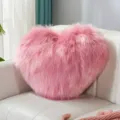 Pink heart shaped faux fur pillow, long plush cushion for sofa, bedroom living room decor. - Rouge Pink