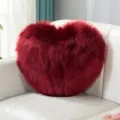 Red heart-shaped faux fur throw pillow fluffy plush cushion for sofa bedroom home decor. - Burgundy