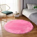 Pink fluffy round rug for bedroom bedside, soft faux sheepskin shaggy floor mat for home. - Rose Pink