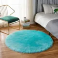 Round Fluffy Faux Fur Rug Cyan Soft Shaggy Carpets for Bedroom Bedside Home Decor - Lake Blue