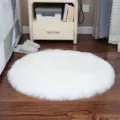 White fluffy round faux wool rug, soft plush circle carpet for bedroom bedside or chair. - 40cm Round / Long Hair White