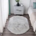 Grey Oval Faux Fur Rug Fluffy Bedroom Bedside Carpet Soft Non-Slip Floor Mat for Home - White Gray Oval