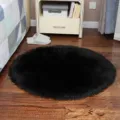 Black fluffy round rug faux wool plush carpet for bedroom bedside and office chair use. - 40cm Round / Long Hair Black