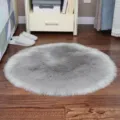 Round fluffy faux wool rug, soft plush carpet for bedroom bedside or computer chair use. - Long Hair Light Gray