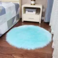 Light blue fluffy round faux fur rug for bedroom bedside and chair, soft plush floor mat. - Long Hair Light Blue