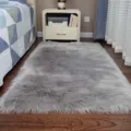 Grey faux sheepskin fluffy rug, soft plush bedside carpet for modern bedroom and living room. - Long Hair Light Gray