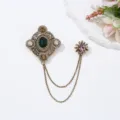 Vintage Baroque green gemstone brooch with tassel chain elegant crystal pin for women fashion - Green Gemstone Tassel Chain Style (2) / Bronze