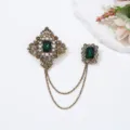 Vintage baroque emerald rhinestone double brooch chain pin antique copper fashion accessory - Green Gemstone Rhinestone Artificial Pearl Tassel Style (6) / Bronze