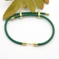 Green braided leather bracelet with gold metal hardware, stylish DIY accessory for couples. - Green