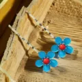 Blue flower hair clip detail shot, featuring metallic hairpin design and red center bead. - Style A / 1 Piece
