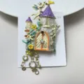 Close-up view of the vintage fairy tale castle brooch with crystal rhinestones and sparkling tassel chains. - Dreamy Fairy Tale Castle Style (111) / 8.5*4cm / Multi-colored Vintage