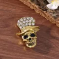 Vintage gold tone skull brooch with crystal top hat Halloween gothic fashion jewelry accessory - Leaning Top Hat Skull (Antique Gold)